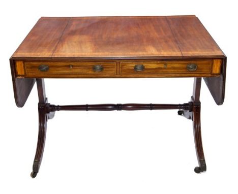 Regency mahogany and satinwood crossbanded sofa table having rounded rectangular drop-leaf top with reeded edge, with two dra