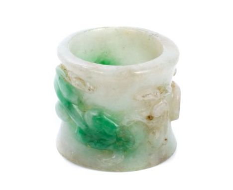 Antique Chinese jade archer's ring, the variegated pale and green jade ring relief carved with dragon, 2.5cm.  Provenance:  F