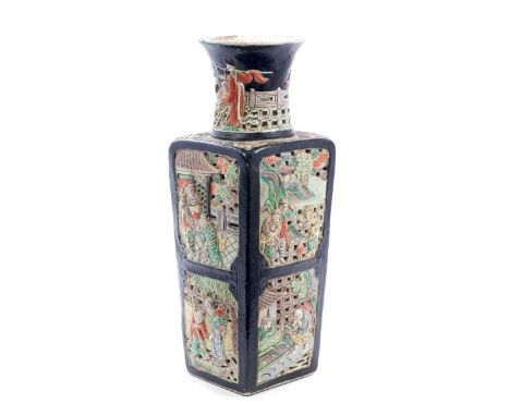 19th century Chinese famille noire vase of square tapering form, with moulded and reticulated figure, animal, building and la