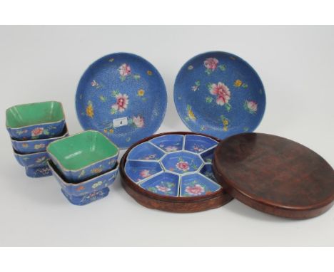 Collection of 19th century Chinese famille rose porcelain dinnerware with polychrome enamel floral decoration on incised blue