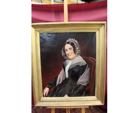 Victorian English School oil on canvas - portrait of a seated lady in black dress, in gilt frame, 75cm x 62cm