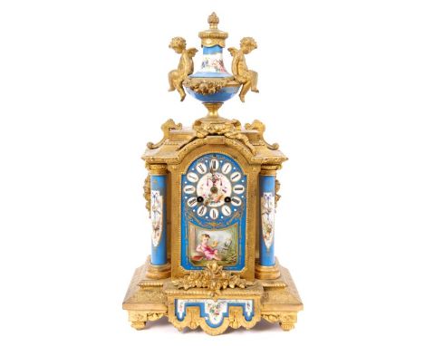 19th century mantel clock with French eight day movement striking on a bell, Sèvres-style blue and gold porcelain panel dial 