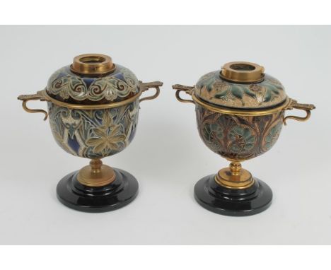Pair of late 19th / early 20th century Doulton stoneware oil lamps, stamped - Hinks & Sons, Patent, each of globular form wit