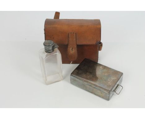 Early 20th century leather cased hunting canteen with silver plated sandwich box and glass flask with plated mount, with leat
