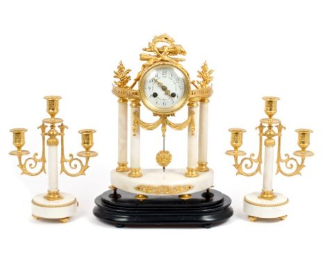 19th century mantel clock garniture with French eight day movement, outside countwheel striking on a bell, white enamel dial 