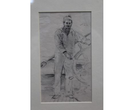Theodore Blake Wirgman (1848 - 1925), pencil sketch - sailor at the wheel, bearing Christopher Wood Gallery label verso, in g