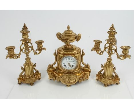 19th century French three piece clock garniture comprising mantel clock with eight day movement, signed - C. Detouche Feur Pa