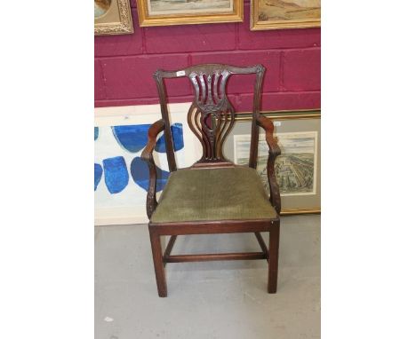 George III Chippendale-style carved mahogany elbow chair with pierced carved vase shaped splat and scrolling acanthus carved 