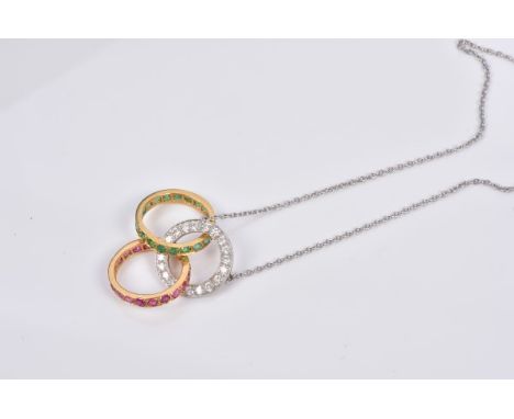 Diamond, ruby and emerald pendant necklace designed as three interlocking rings, on a trace chain