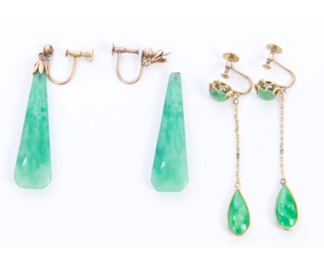 Pair Chinese green jade / hardstone pendant earrings, with a pear-shape drop suspended from a round stone, plus one other pai