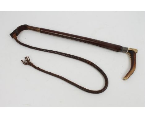 Early 20th century silver mounted leather covered hunting whip with stag horn handle and plaited leather thong (London 1916)