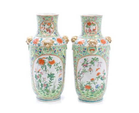 Pair of late 19th / early 20th century Chinese enamelled rouleau vases, each with moulded gilt Dog-of-Fo marks to the shoulde