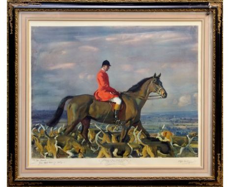 Sir Alfred James Munnings (1878 - 1959), signed print - Portrait of Major J. Bouch, M. F. H. with the Belvoir Hounds, inscrib