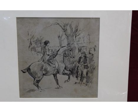 George Denholm Armour (1864 - 1949), pen and ink illustration - hunting scene, mounted, 22.5cm x 21.5cm CONDITION REPORT Unsi