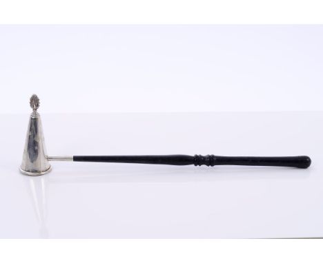 Contemporary silver candle snuffer of conical form, with flame finial and turned ebony handle (Birmingham 2007), 28cm overall