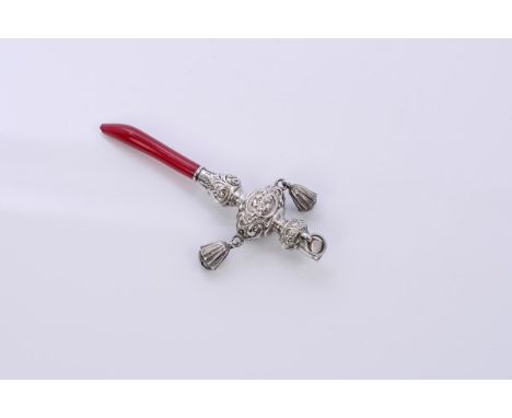 Edwardian silver children's rattle with embossed scroll and floral decoration, two flower-head bells, a whistle and suspensio