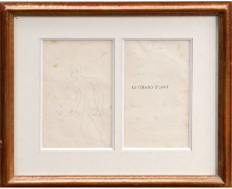 *Jean Cocteau (1889 - 1963), pen and ink sketch on the pages of 'Le Grand Ecart' - depicting a male nude carrying a book and 