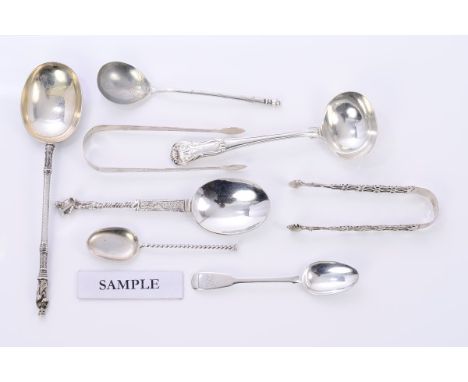 Collection of miscellaneous silver and white metal flatware including sauce ladle, sifter spoon, serving spoon, anointing spo