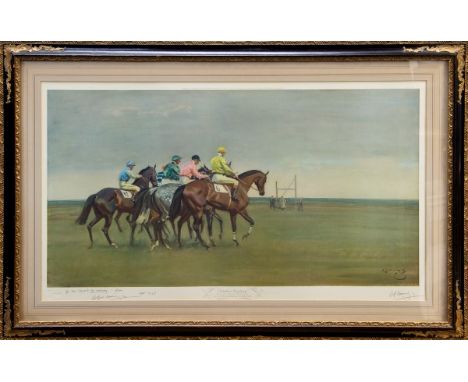 Sir Alfred James Munnings (1878 - 1959), signed print - October Meeting, inscribed 'To Tom Slocombe, the everlasting, from Al