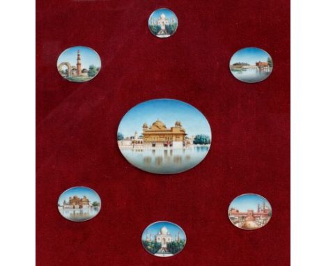 Collection of seven 19th century Indian miniature paintings, typically depicting Indian architectural views of heritage sites