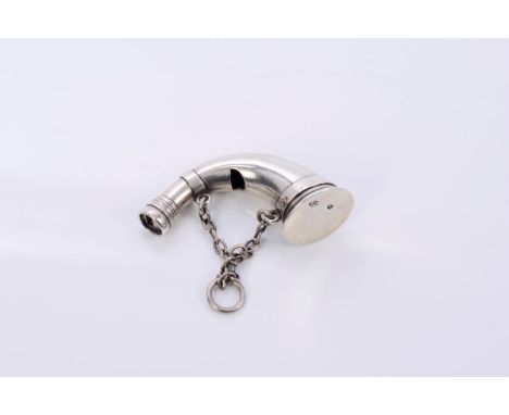 Victorian silver whistle in the form of a hunting horn, with suspension chain (London 1877), maker - T. J., 6.5cm across COND