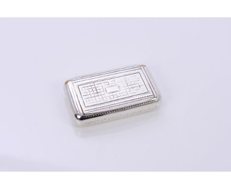 Early 19th century French silver snuff box of rectangular form, with bright cut borders and hinged cover with engraved lattic