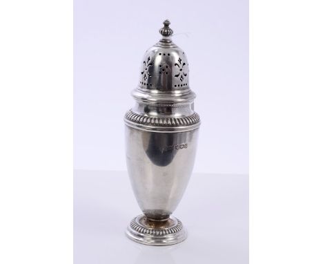 Contemporary silver sugar caster of urn form, with gadrooned borders, detachable pierced cover with two stage finial, on a do