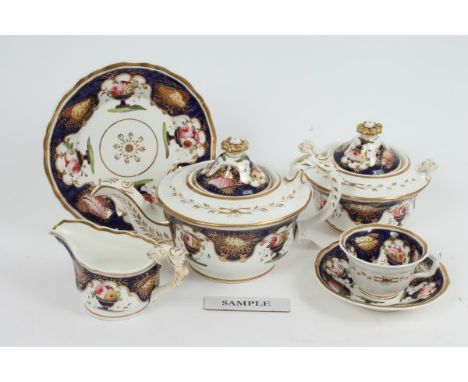 Regency English porcelain part tea service comprising teapot and cover, sugar bowl and cover with jug, three side plates and 