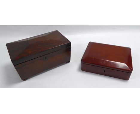 NINETEENTH CENTURY ROSEWOOD TEA CADDY, of sarcophagus form with bun feet, the interior with a pair of removable compartments,