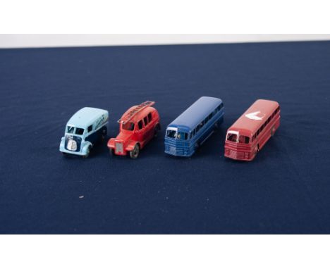 FOUR UNBOXED CIRCA 1940s DINKY DIECAST TOY VEHICLES, includes Morris 10 cwt van 'Have a Capstan', two tone blue, some restora