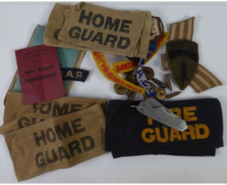 THREE 'HOME GUARD' PRINTED KHAKI FABRIC ARM BANDS, TWO DITTO FIRE GUARD, EIGHT VARIOUS CLOTH PIECES/BADGES, including; Royal 