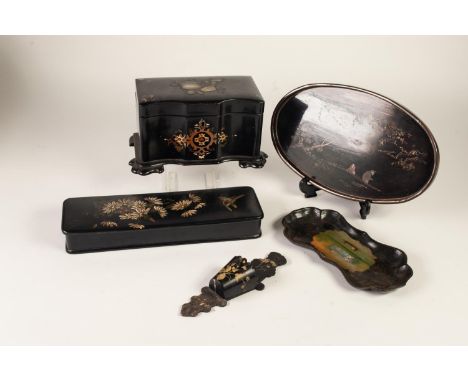FIVE PIECES OF NINETEENTH CENTURY PAINTED OR INLAID BLACK LACQUERED  WARE, comprising: SERPENTINE FRONTED TEA CADDY, SMALL OV