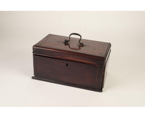 GEORGE III LINE INLAID AND CROSSBANDED MAHOGANY VENEERED ON OAK TEA CADDY, of oblong form with brass swan neck top handle, a/