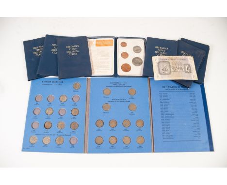 SEVEN PLASTIC COIN WALLETS 'BRITISH FIRST DECIMAL COINS' 1971, a  BLUE COIN FOLDER OF SIX PENCE COINS, 1937 onwards 33 coins 