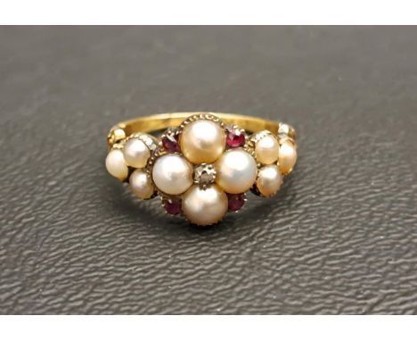 VICTORIAN DIAMOND RUBY AND PEARL CLUSTER RINGwith decorative split shoulders, in unmarked gold (tests as 15 carat), ring size