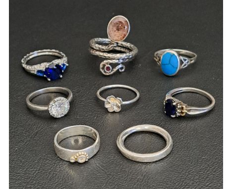 EIGHT VARIOUS SILVER RINGSincluding sapphire, turquoise and agate, etc. 