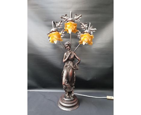 LARGE RESIN CLASSICAL LAMPdepicting a lady in flowing robes with three amber coloured lamps, 84cm high, together with a class