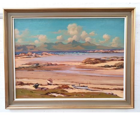 R. FORSYTHIslands of Eigg and Rum from Arisaig, oil on canvas, signed and inscribed to verso, 58cm x 79.5cm 