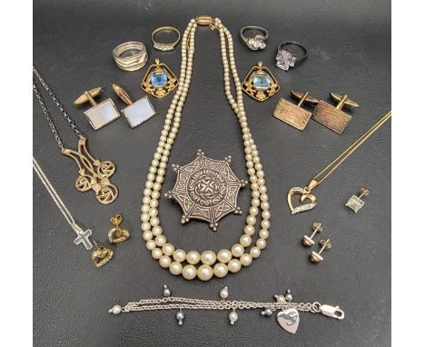 SELECTION OF SILVER, GOLD AND OTHER JEWELLERYincluding three CZ set rings, one on nine carat gold shank and two on silver sha