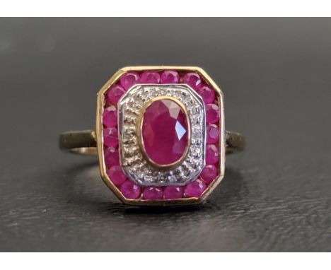 ART DECO STYLE RUBY AND DIAMOND RINGthe central oval cut ruby approximately 0.6cts in illusion setting with four small diamon