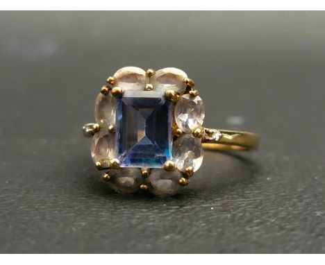 MYSTIC TOPAZ CLUSTER RINGthe central rectangular step cut topaz surrounded by eight lighter tone topaz gemstones, on nine car