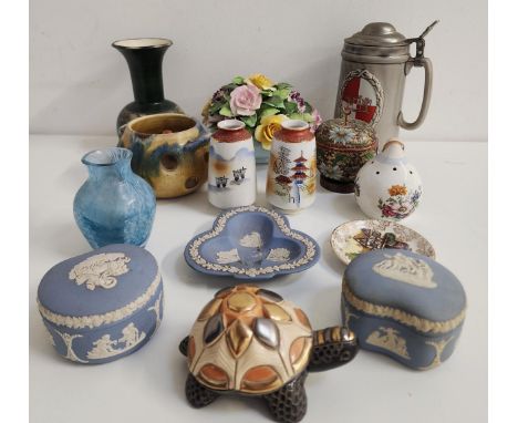 MIXED LOT OF CERAMICSincluding three pieces of Wedgwood jasperware, Adderley flower posy, Jersey pottery vase, German beer st