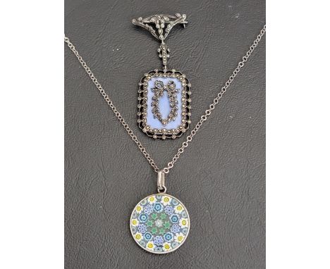 MILLEFIORI PENDANT IN SILVER MOUNT AND ON SILVER CHAINtogether with a marcasite and enamel decorated drop brooch in unmarked 