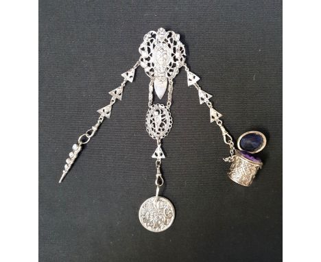 VICTORIAN SILVER CHATALINEthe clip with pierced decoration around a central mask, Birmingham 1887, with a propelling pencil w