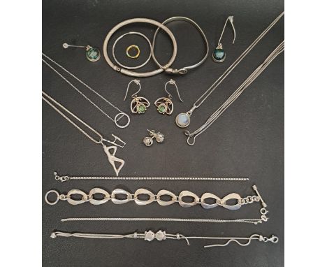 SELECTION OF SILVER JEWELLERYincluding various bracelets and bangles, an opalescent stone set pendant on chain, a pair of gre