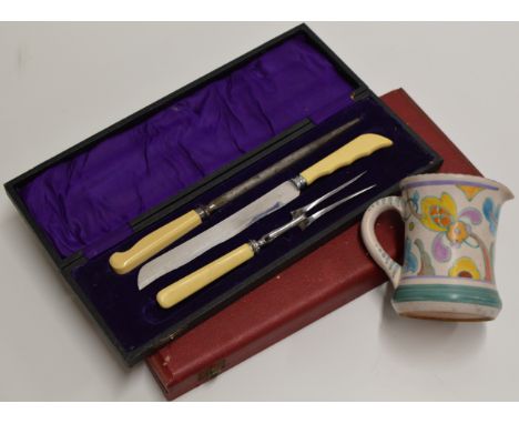 CASED 3 PIECE BONE HANDLED CARVING SET, PART CARVING SET &amp; A POTTERY TANKARD IN THE STYLE OF POOLE POTTERY     