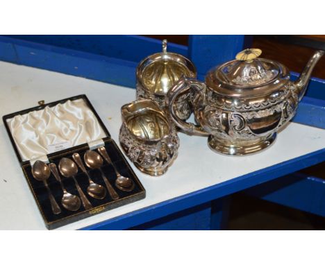 3 PIECE ORNATE E.P.N.S. TEA SERVICE &amp; CASED SET OF 6 E.P.N.S. SPOONS     