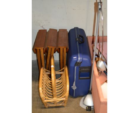 SUITCASE, 3 SMALL TEAK TABLES, FLOOR LAMP &amp; BAMBOO EFFECT MAGAZINE RACK     