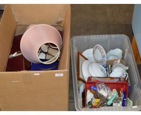 2 BOXES WITH BOOKS, PARAGON TEA WARE, VARIOUS DISHES, QUANTITY TOOLS, TABLE LAMP ETC     