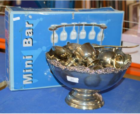 E.P.N.S. PUNCH BOWL WITH CUPS &amp; LADLE &amp; MINI BAR SET IN BOX     